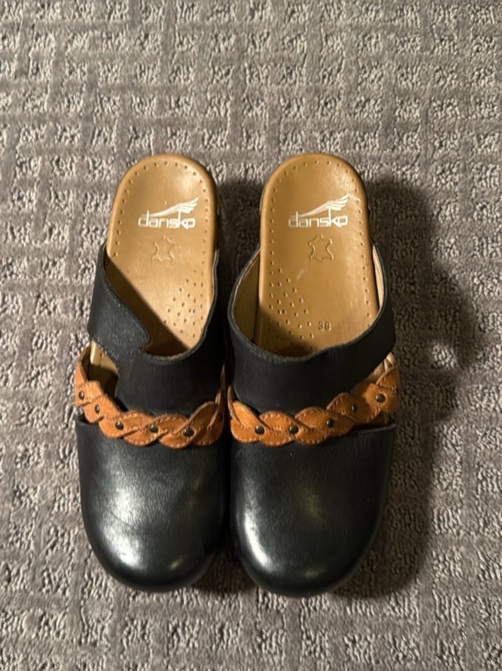 Dansko Black Leather Clogs with Brown Braided Strap